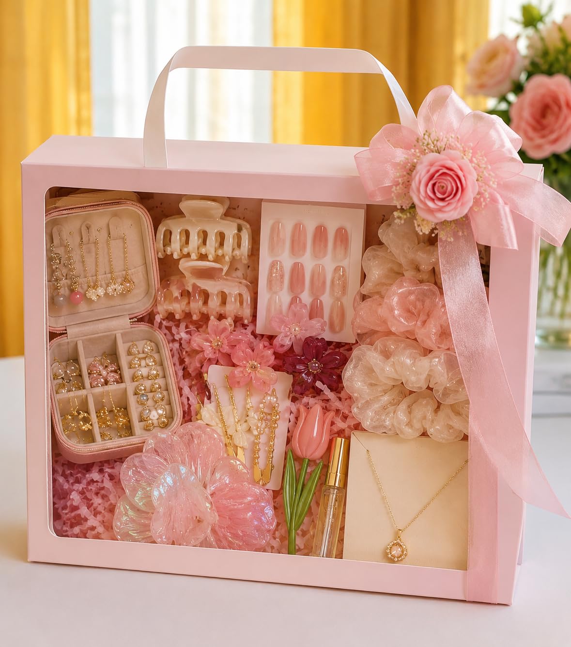 Hair Clips for Women and Girls - Pastel Pink Hair Claw Clips and Accessories Gift Set Combo with Jewelry Organizer Box Pearl Necklace and Scrunchies for Gifting-image-41
