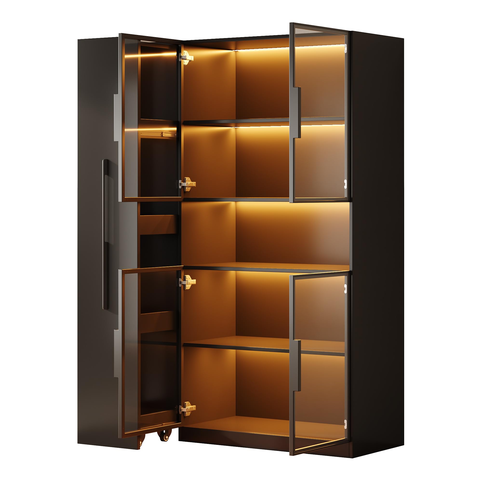Multifunzionale Armadio 110×35×160 cm - Vetrinetta con Porta in Vetro e LED, Estrazione Laterale, Armadio a Ruote e Nero, Mobile Alto, Libreria, Armadio per Bagno, Credenza per