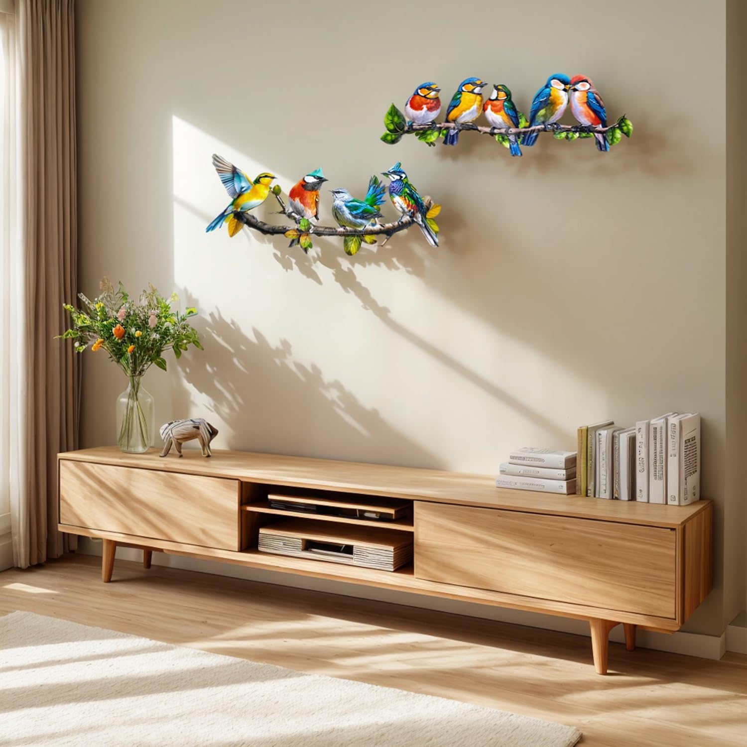 2025 New Metal Birds Outdoor Wall Art Decor, Vivid Bird on Branch Hanging Leaves Metal Hummingbird Decor Suitable for Porch Fence Garden Outdoor Indoor Wall Decorations (2 Pack Birds Colorful)