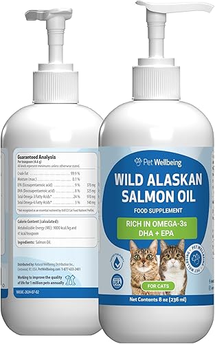 Pet Wellbeing Aceite de salmón silvestre de Alaska para gatos, aceite de pescado omega-3 diario capturado en la naturaleza, procesado en frío, para
