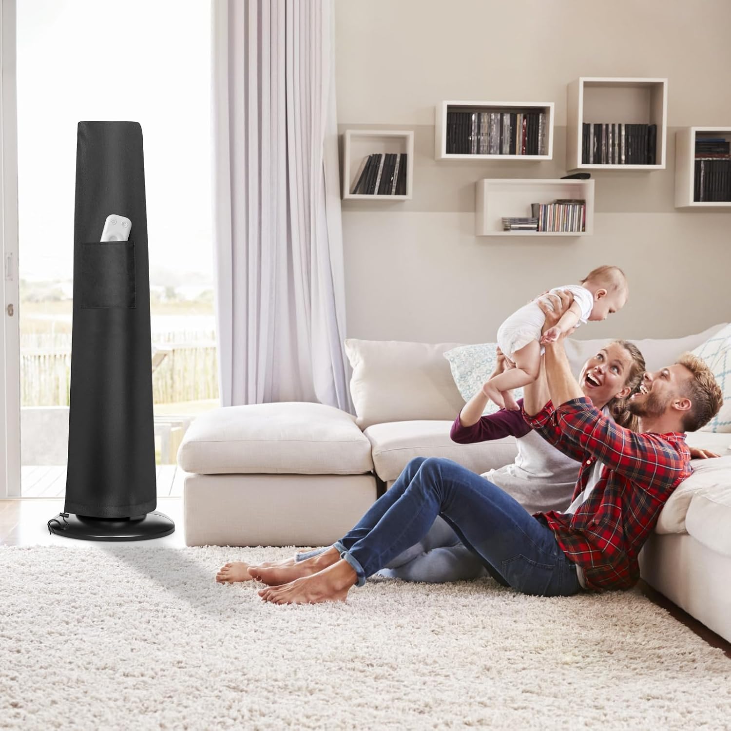 Tower Fan Cover, Waterproof Dustproof Fan Protective Cover with Pocket, Oscillating Tower Fan Covers with Remote Outdoor or Indoor Stand up Fan for Home Bedroom Office Fan Cover, Black, 13" D×41" H