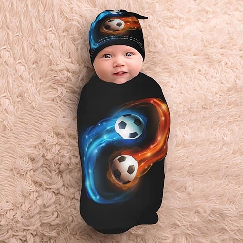 Miniatura 4 de Manta para envolver con pelota de fútbol para recién nacido, con juego de gorro, saco de dormir suave para bebé, elástico y ajustable, mantas de