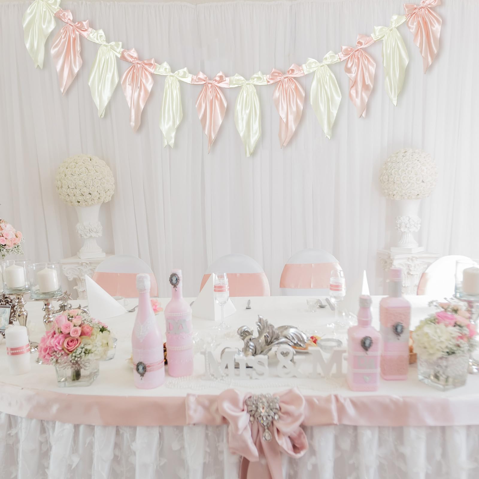 VitalCozy 1 guirnalda de lazo blanco y rosa, cinta de satén para colgar, decoración para cumpleaños, baby shower, boda, suministros de fiesta
