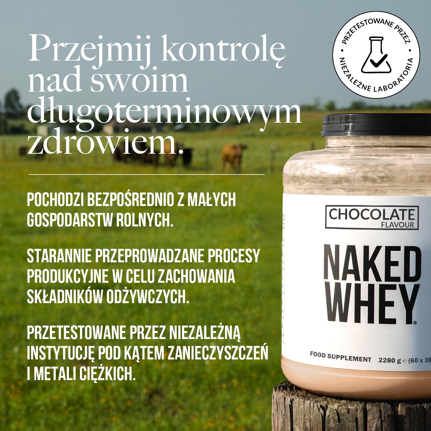 Naked Whey – białko serwatkowe w proszku, czekolada, bez GMO, bez soi, bez glutenu, wspomaganie wzrostu i regeneracji mięśni - 2280 g