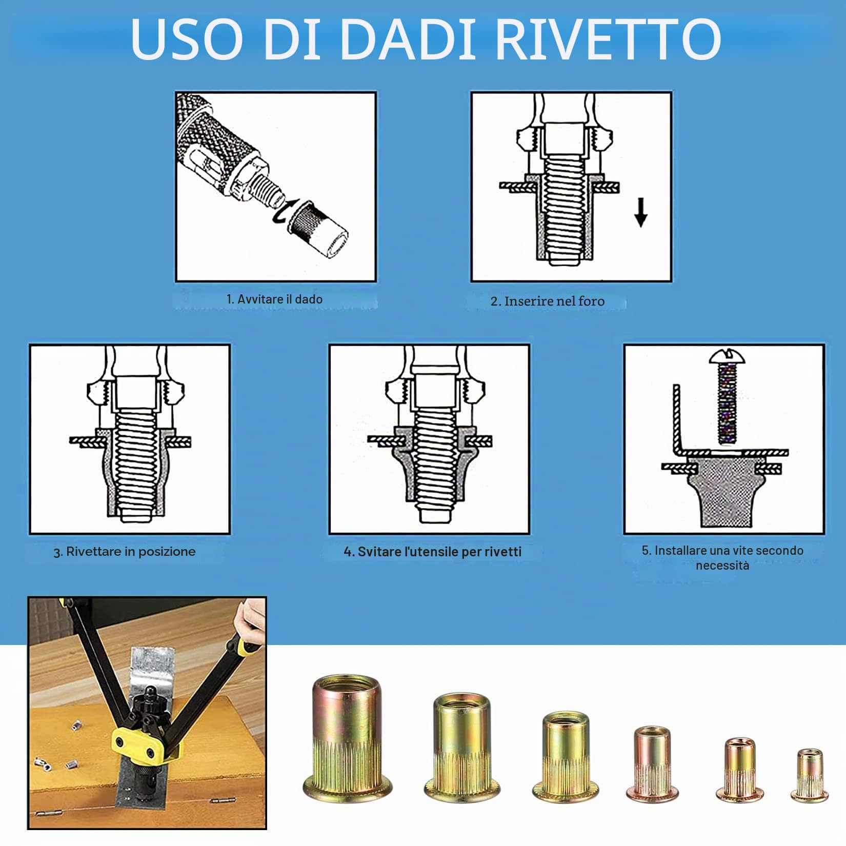 300 pezzi Inserti Filettati M3-M10, Rivetti Filettati in Acciaio al Carbonio, Testa Piatta Tonda, Nutsert Zincati, Dadi Rivettati per Lamiere Metalliche, Legno, Automobili e Applicazioni Varie