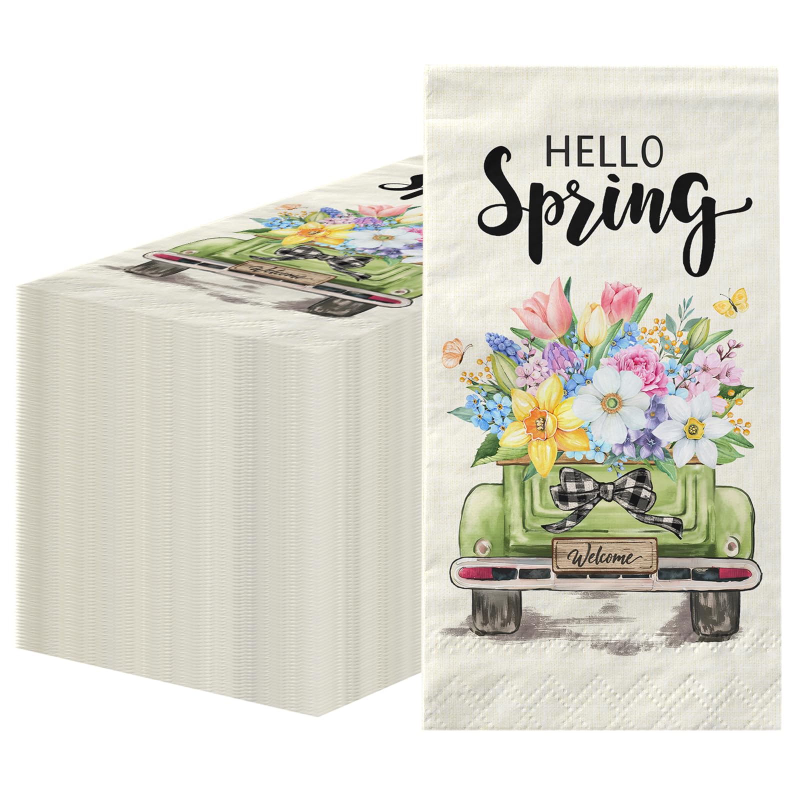 100Pcs Spring Guest Napkins Hello Spring Hand Towels for Bathroom Floral Decorative Disposable Paper Napkins for Wedding Bridal Shower Party