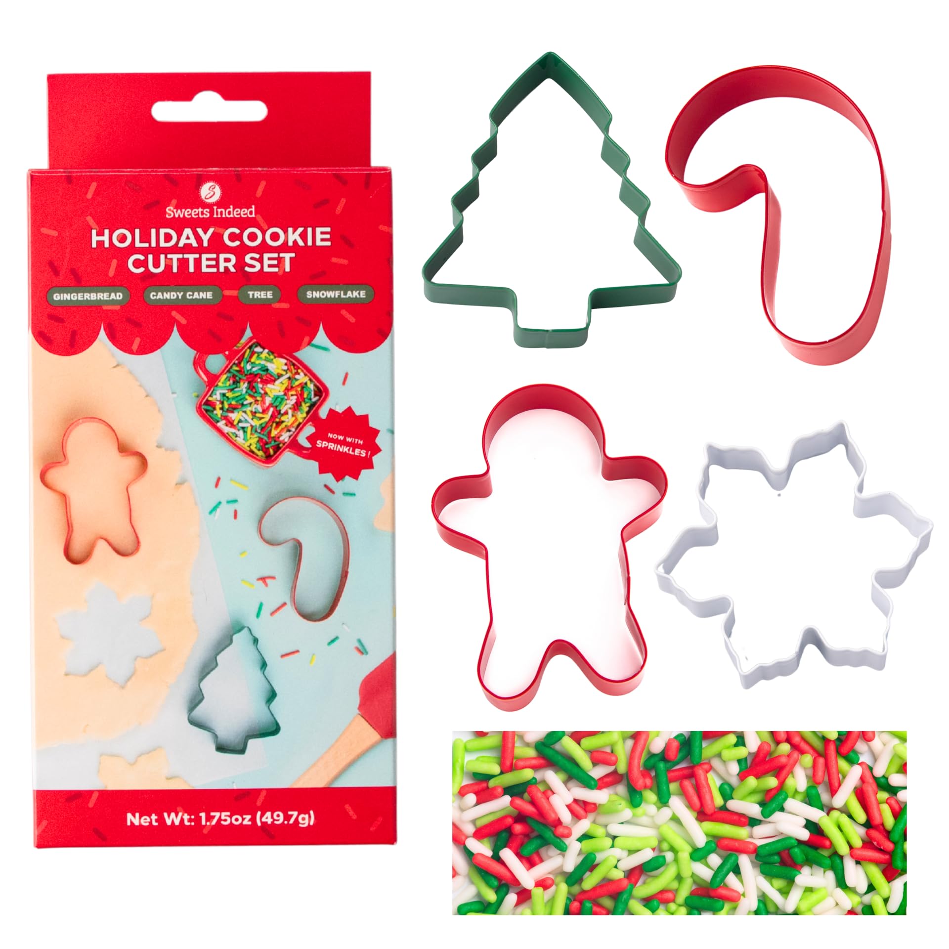 Sweets Indeed Christmas Cookie Cutters with Sprinkle Mix – 4-Pack Tree, Candy Cane, Snowflake & Gingerbread Man + 1.5 oz Red, White & Green Holiday