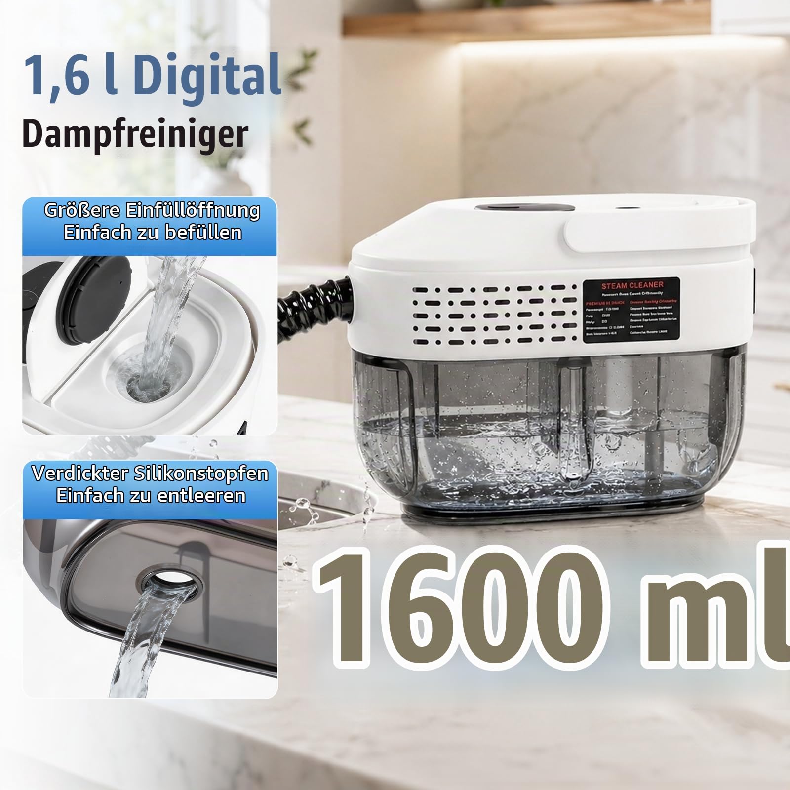 RUIZHI Dampfreiniger Handgerät mit 18 Zubehör, 1.6L Steam Cleaner, Dampfdruck 3Bar, Aufheizzeit 10s, Handdampfreiniger für Alles Boden Reinigung, Fenstern, Sofas, Fugen, Auto