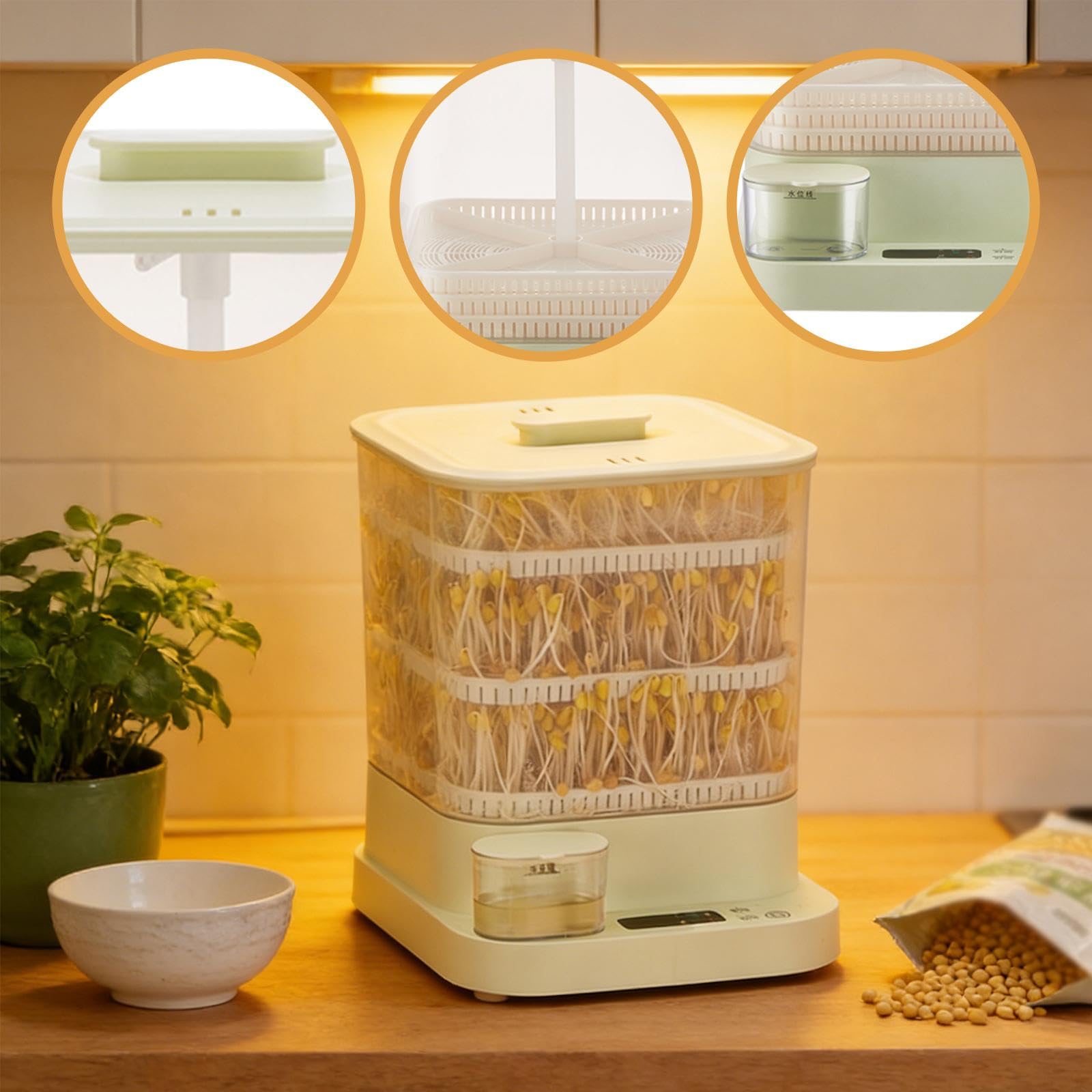 perfk Machine à germer Les graines de soja, kit de Germination, Appareil Intelligent et Polyvalent pour la Maison, 3 Modes saisonniers, yaourtière pour