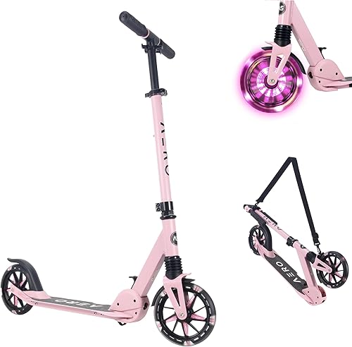 Aero Big Wheels Kick Scooter for Kids 6+, Teens & Adults Light Up Wheels, Hand Brake, Rubber Deck Mat & Shock Absorption Foldable & Height