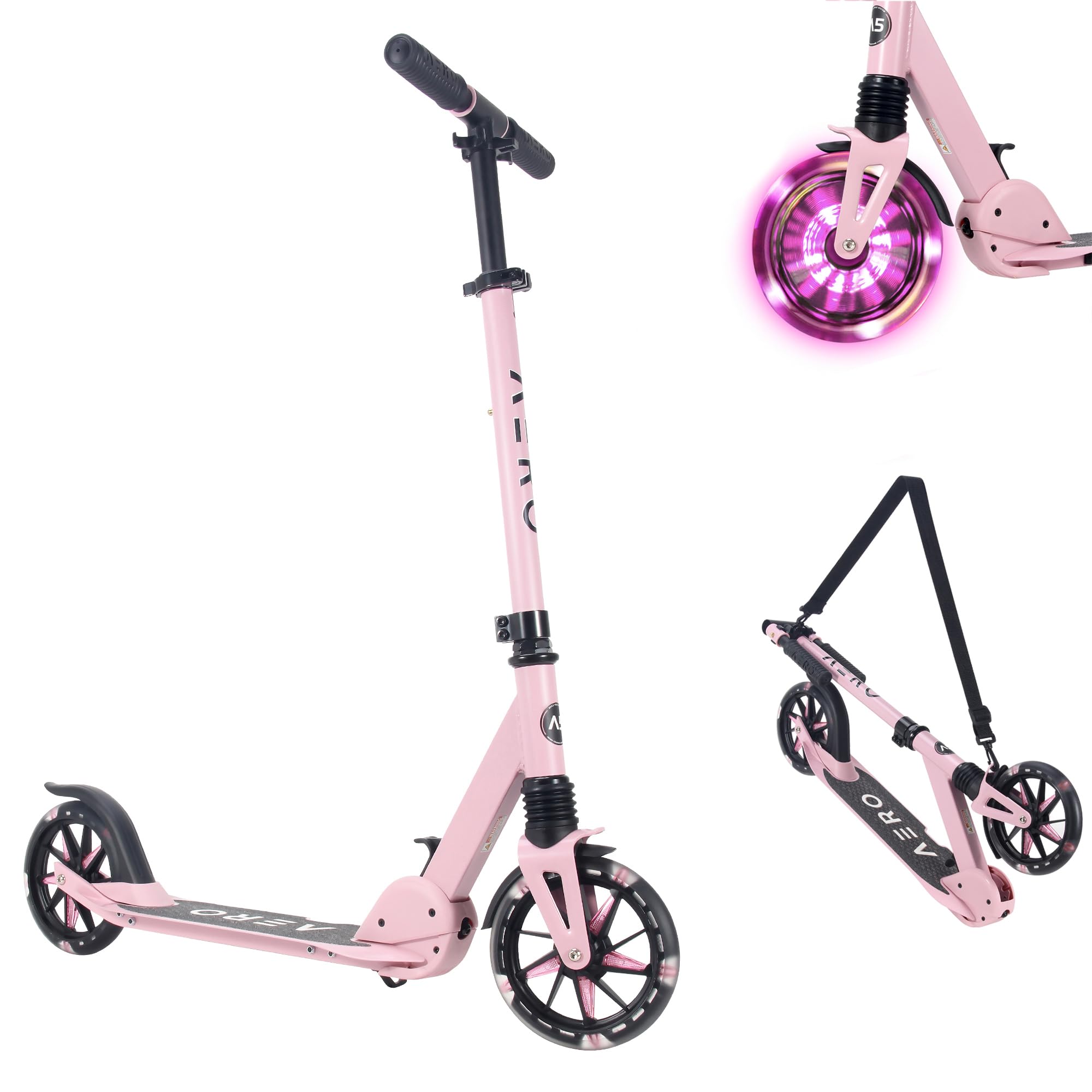 Aero Big Wheels Kick Scooter for Kids 6+, Teens & Adults | Light Up Wheels, Hand Brake, Rubber Deck Mat & Shock Absorption | Foldable & Height Adjustable