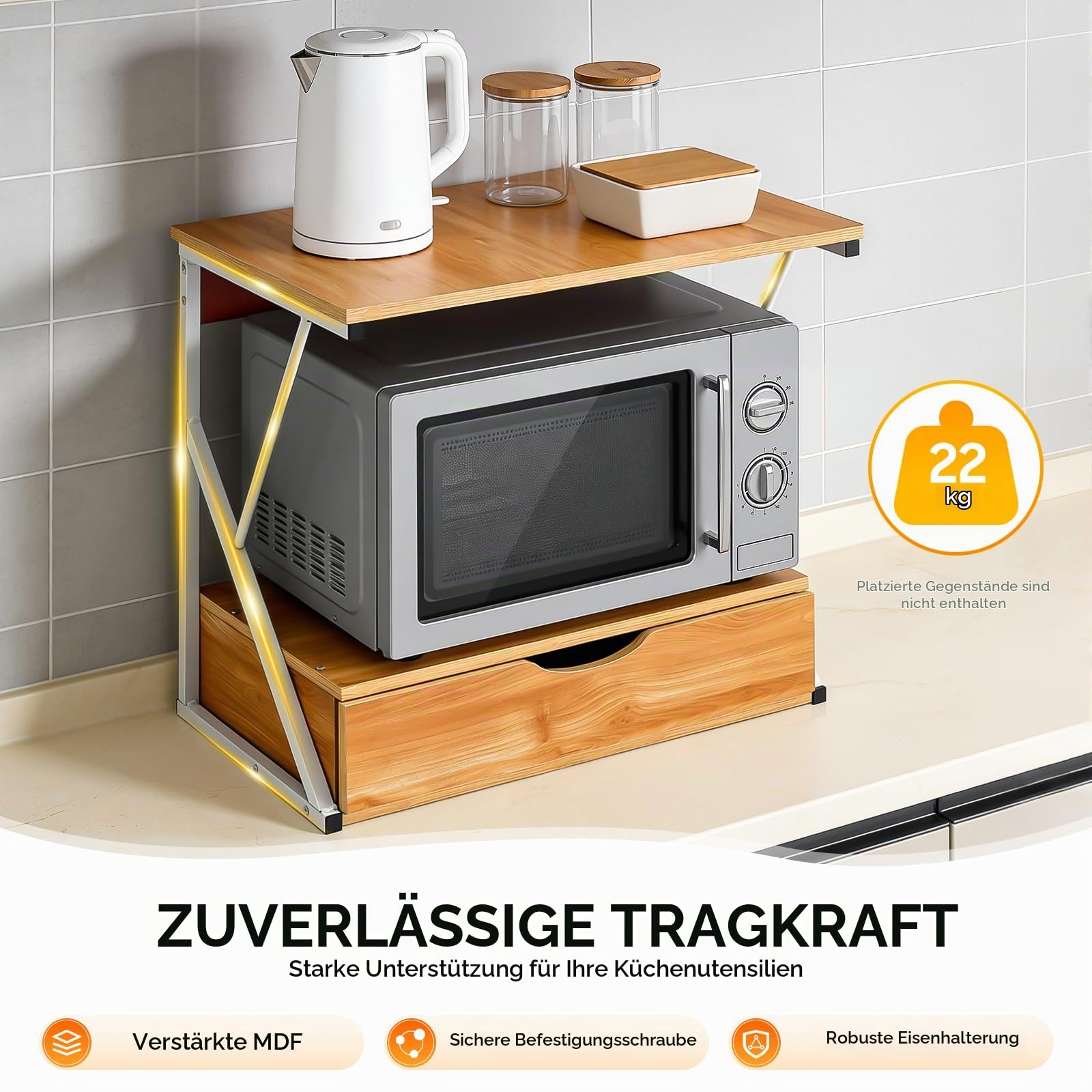 2 Stufiges Mikrowellen, Mikrowellenständer Küchenregal mit Schublade, Küche Regal Organizer Bäckereiregale, 54 x 35 x 50cm