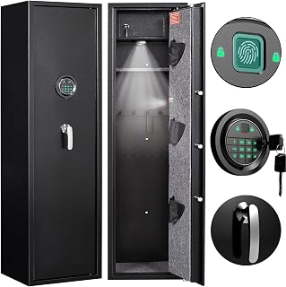 Biometric Rifle Gun Safe, Quick Access 4-5 Gun Fingerprint Security Cabinet, Long Gun Safe for Home Rifle and Pistols, Gun Locker for Rifles and Shotguns, LED Light & Alarm System with Removable Shelf