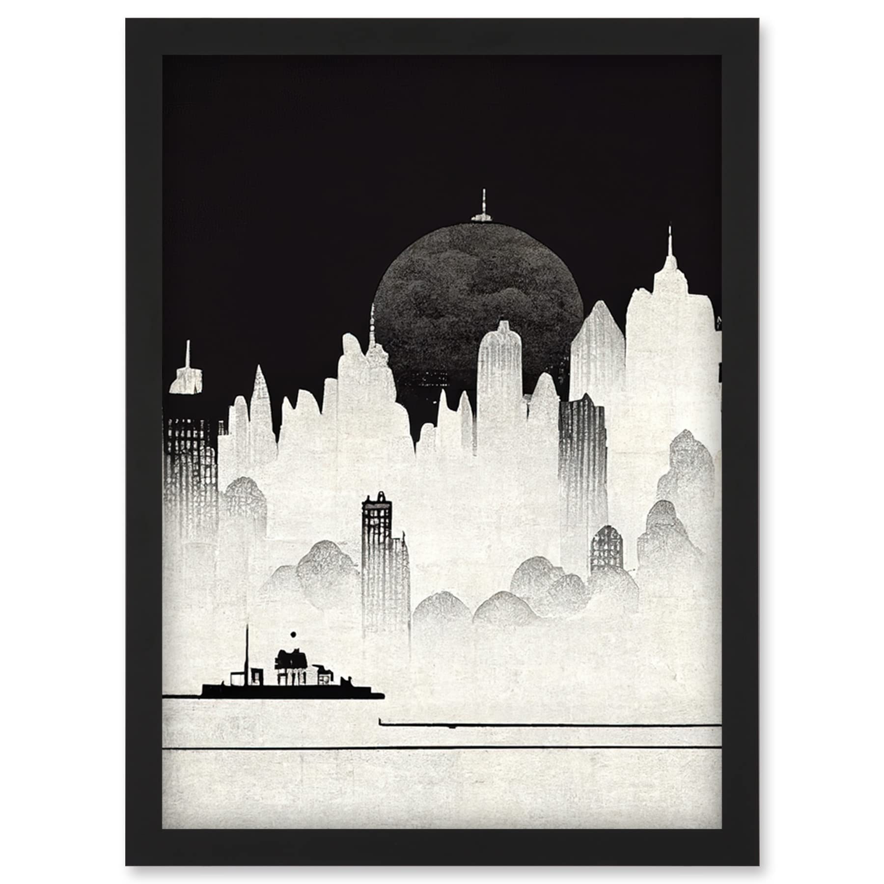 Doppelganger33 LTD Futuristic Cityscape Ukiyo-e Flat Illustration Artwork Framed Wall Art Print A4