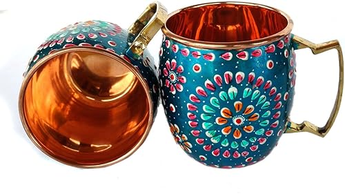 Miniatura 6 de Rastogi Handicrafts Botella de agua hecha a mano de cobre exterior pintada a mano con obra de arte de color turquesa (sin juntas y a prueba de
