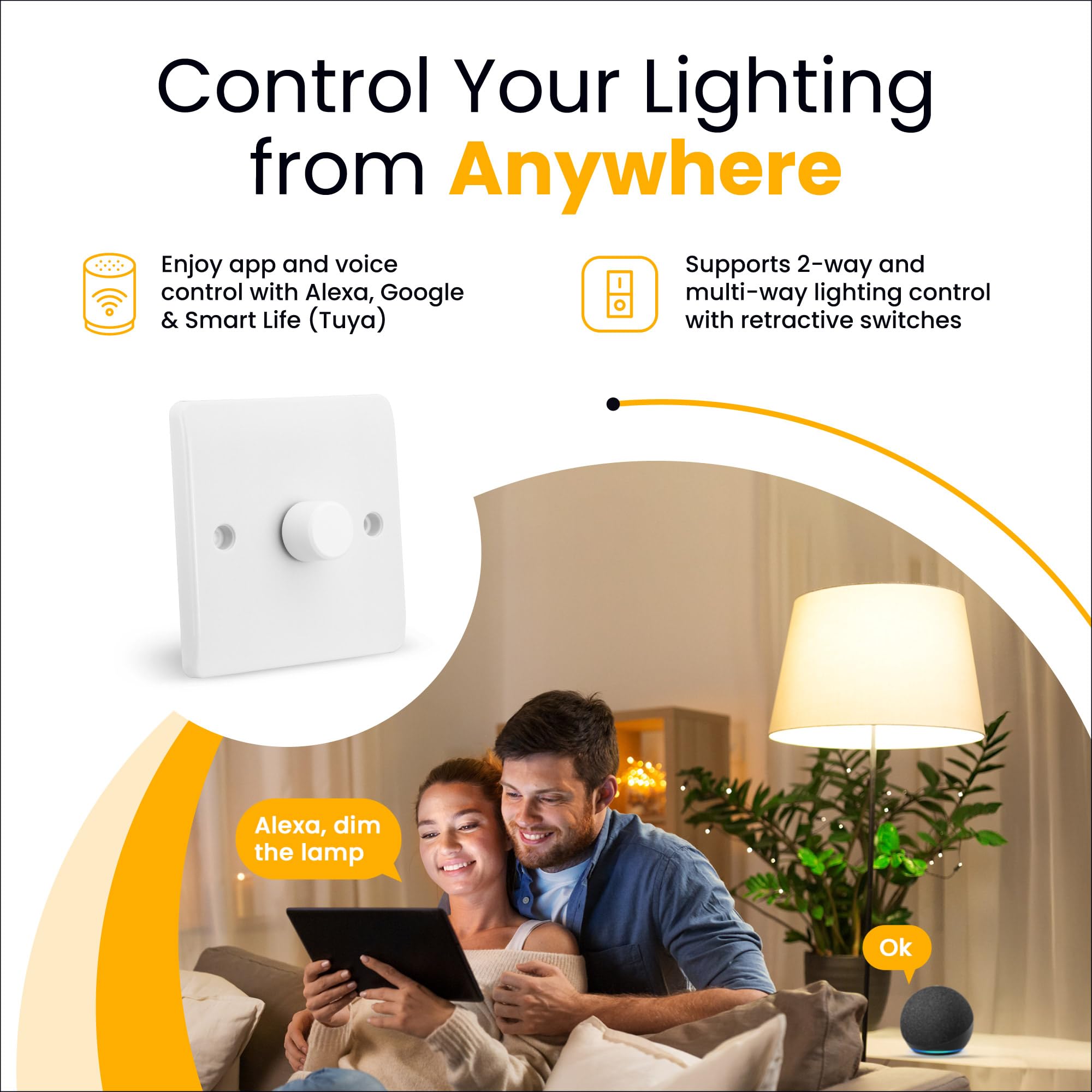 Candeo Variateur d'intensité rotatif Wi-Fi compatible avec Amazon Alexa, Google Assistant, Smart Life, 1 gang multivoie, avec contrôle intelligent