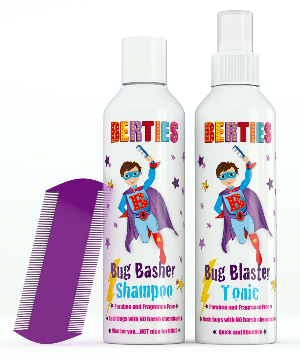 Bertie's Bug Basher - Natural Head Lice Tonic and Shampoo for Children - Head Lice Comb Included