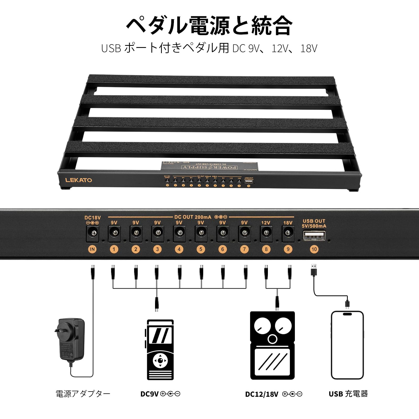 LEKATO エフェクター（ペダル）ボード 　パワーサプライ内蔵！ 新品 Amazon | LEKATO ギターペダルボード 電源内蔵ペダルボード 19x12.2x1
