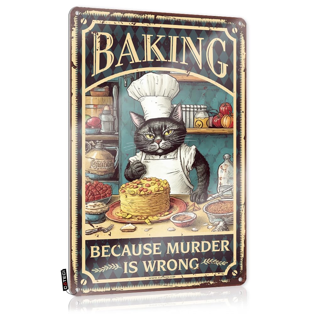 MGHTLCCME Stuff For Boys Room Cat Baking Because Murder Is Wrong Tin Sign House Decoreclectic Home Decorwall Decor For Living Roomoffice Wall For Women Funny Coffee Signs Funny Sogns(20X30CM)