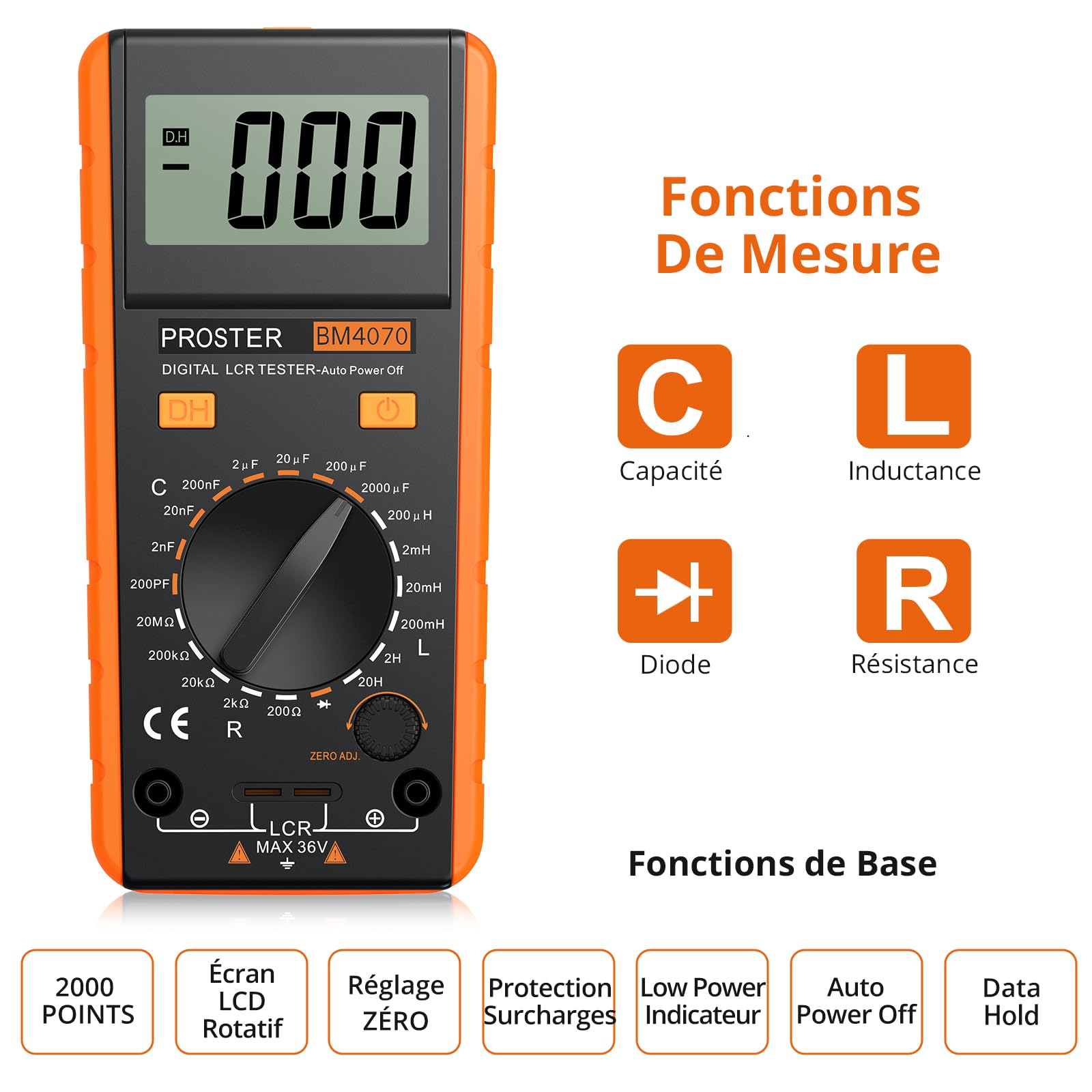 Proster LCR Meter Testeur Portable – Mesure Inductance Capacité Résistance avec Écran LCD 1999 Comptes – Appareil Professionnel de Diagnostic Électronique pour Laboratoire, Réparation PCB