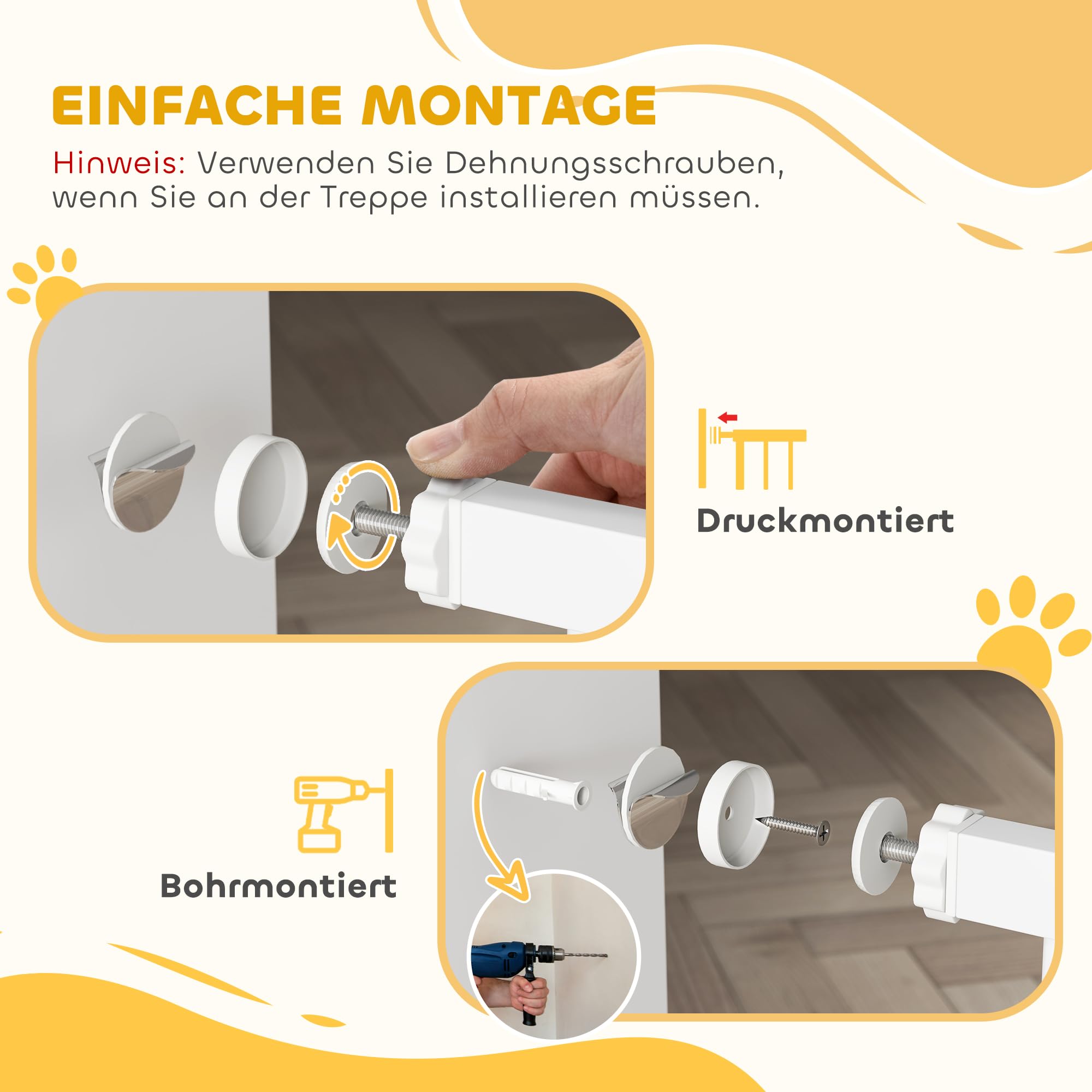 PawHut Türschutzgitter mit 10/20 cm Verlängerung für 75-145 cm Weiß | Treppenschutzgitter ohne Bohren, Türgitter, Treppengitter, Beidseitige Einhand Öffnung, Schwenkbar, Stahl
