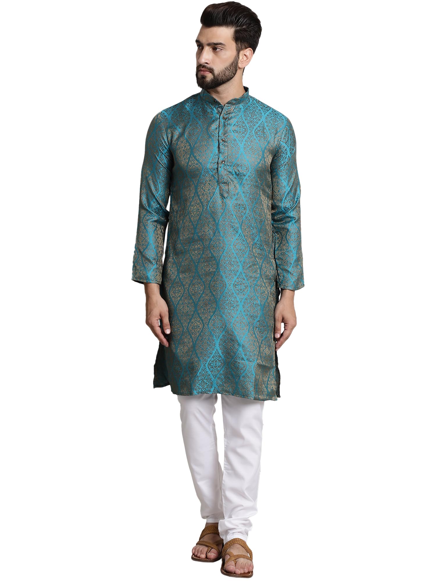 Sojanya (Since 1958 Men's Silk Blend Teal Blue Self Design Kurta And White Churidar Pyjama Set
