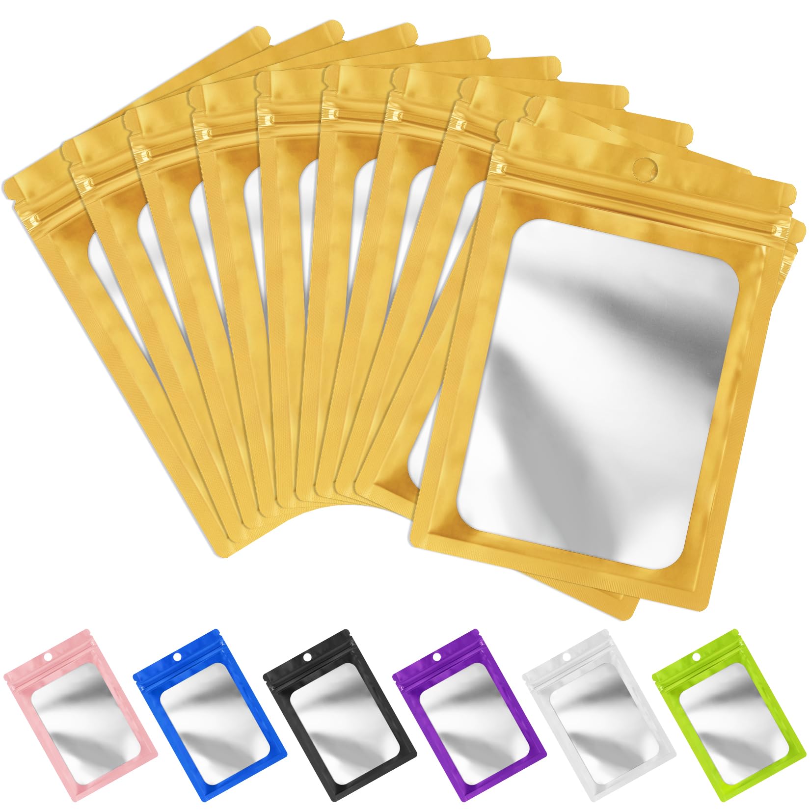 FUNFERY 100 Pack Mylar Resealable Bags Foil Packaging Bags with Clear Window,Zipper Pouch Smell Proof Bag for Food Storage,Cookies,Sample,Small