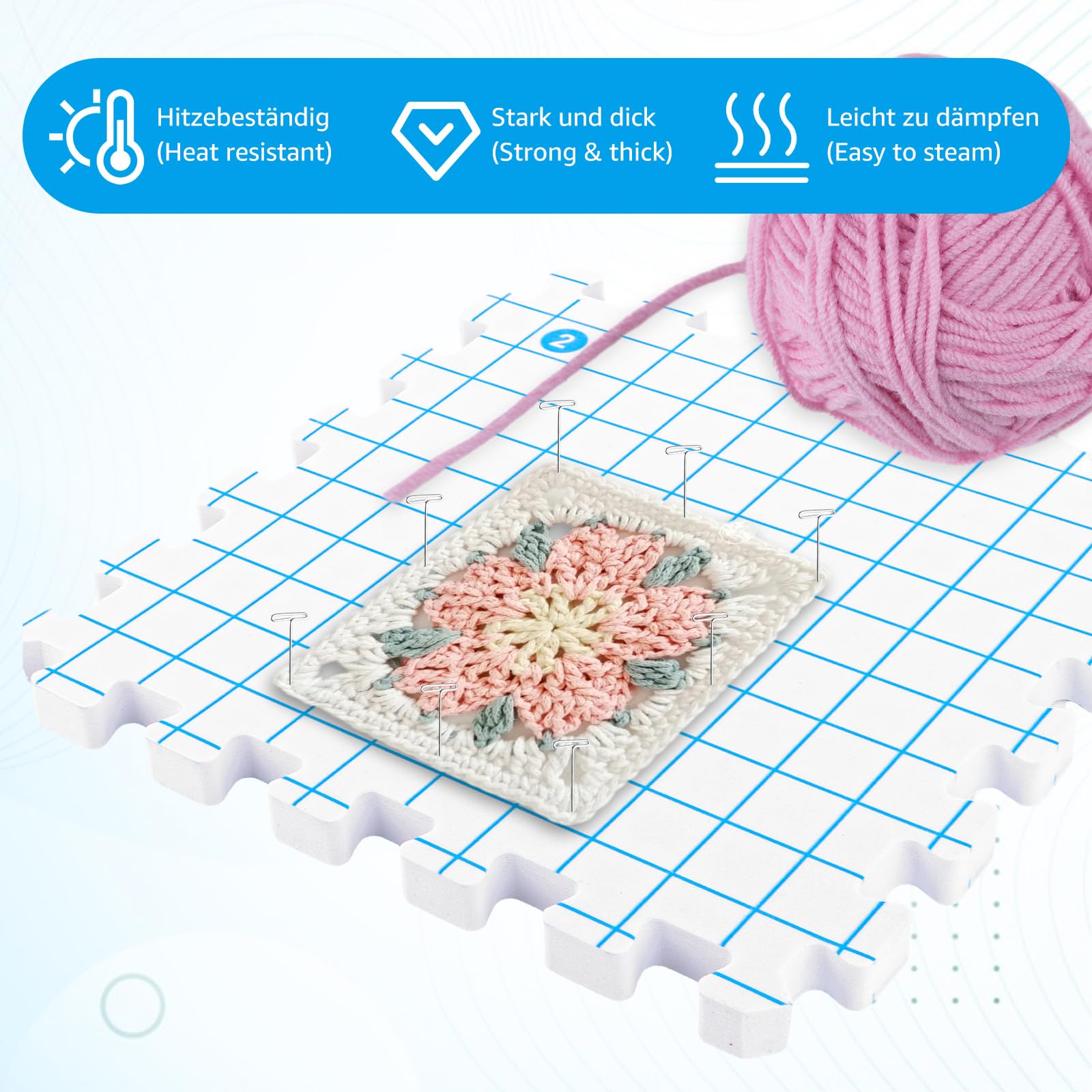 Oungy Kit Blocage Tricot 9 Dalles Modulables en Mousse avec 100 Épingles, Tapis Crochet Grille 30,5 cm, Planches pour Laine, Dentelle et Couture Créative