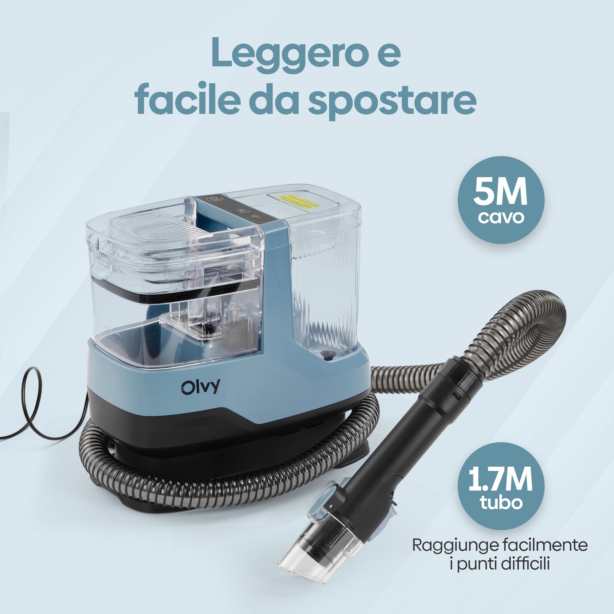 Olvy Pulitore Tappeti 2.0 – Potente Rimuovi Macchie 17.000 PA con Tubo 1,6m, Cavo 4m, Funzione Autopulente & 500ml Soluzione Pulente – Tappeto, Divano, Materasso & Auto