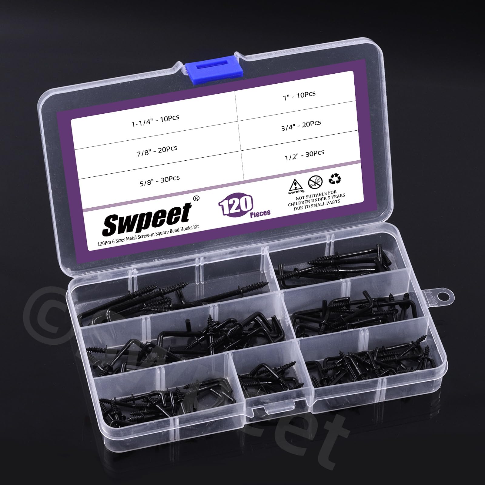Swpeet Kit di 120 ganci quadrati in acciaio al carbonio nero, 6 misure, viti autofilettanti a forma di L, ganci ad angolo retto per casa, posto di lavoro, ufficio