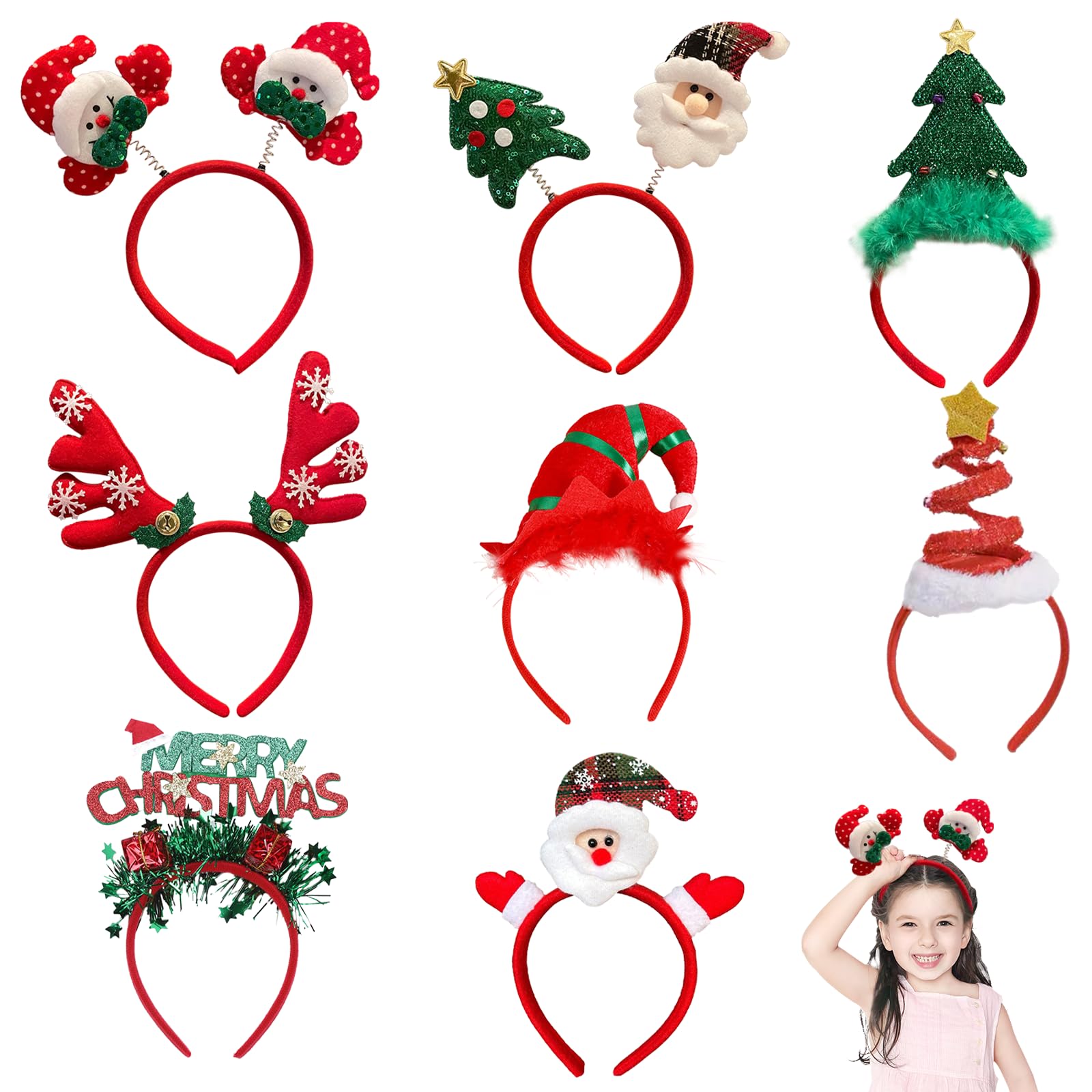 WoRuyKot 8 Piezas Diademas De Elfos Navideños, Diademas Decorativas para Fiesta de Navidad, Diadema Navideña Reno, árbol de navidad, Fiestas de Navidad Regalos Decoraciones Apoyos de la foto