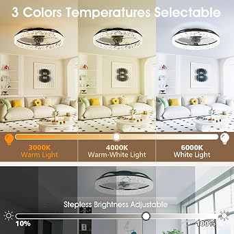 NIORSUN 50CM LED Ceiling Fan with Lights and Remote, Dimmable Low Profile Ceiling Fans, Flush Mount Ceiling Fan, Stepless Color Temperature Change and 6 Speeds（Black） [Energy Class C]