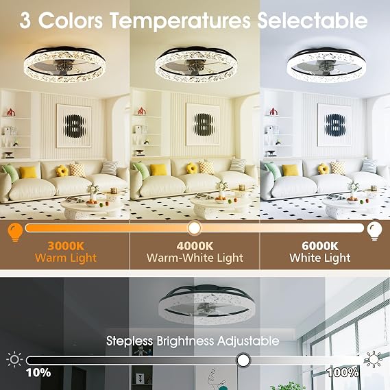 NIORSUN 50CM LED Ceiling Fan with Lights and Remote, Dimmable Low Profile Ceiling Fans, Flush Mount Ceiling Fan, Stepless Color Temperature Change and 6 Speeds（Black） [Energy Class C]