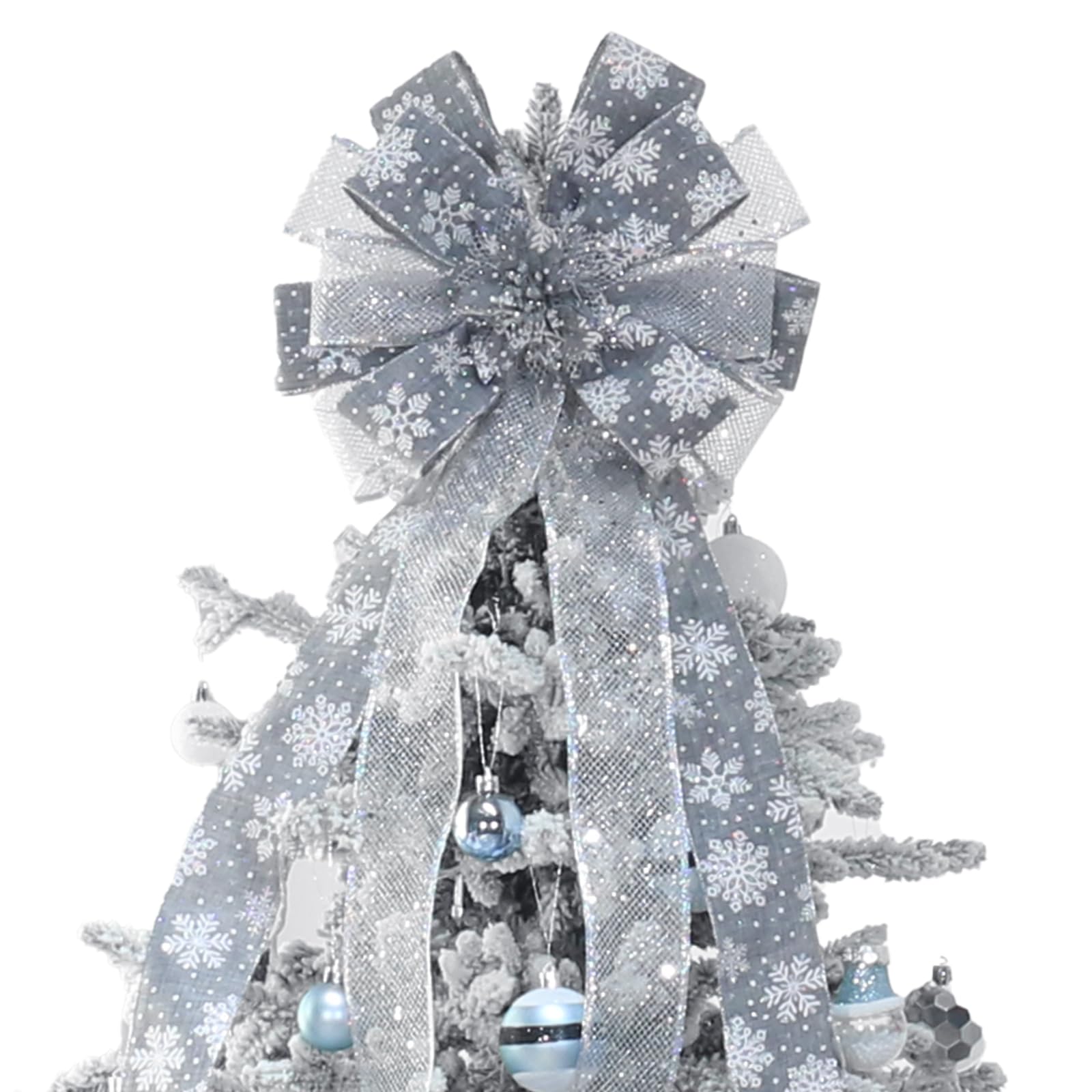 Cimier de sapin de Noël, grand nœud pour décoration de Noël, décoration de vacances, maison, mariage, Thanksgiving, intérieur/extérieur (gris argenté)