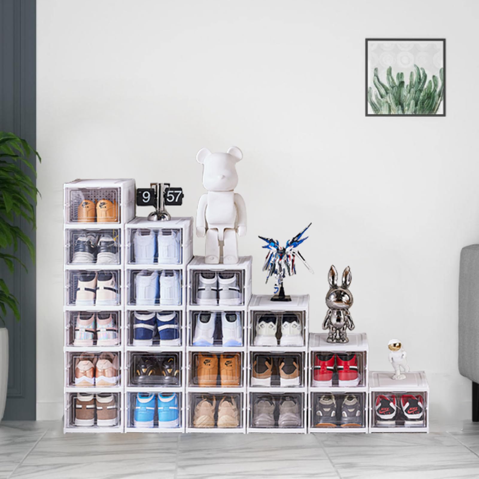 Set di 6 scatole trasparenti per scarpe, organizer per scarpe, senza installazione, impilabili, in plastica trasparente, con coperchio, per donna/uomo, 34 x 25 x 16 cm