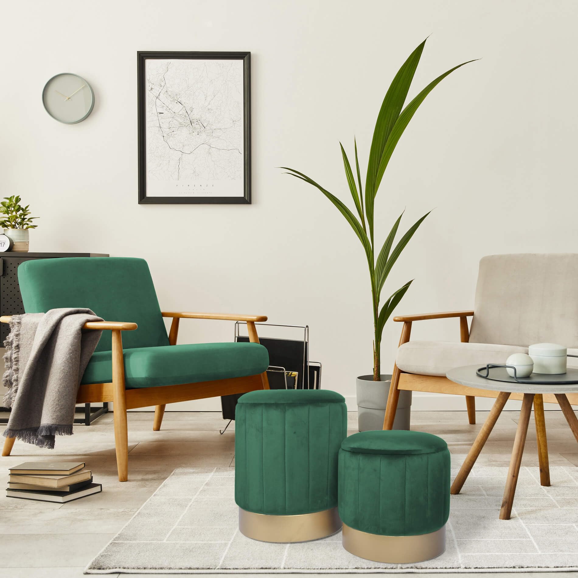 Rebecca Mobili Lot de 2 Poufs en Velours, Tabouret, Vert, MDF Fer, avec Rangement, pour Salon Chambre À Coucher - Dimensions HxLxP : 44 x 35 x 35 cm - Art. RE6834