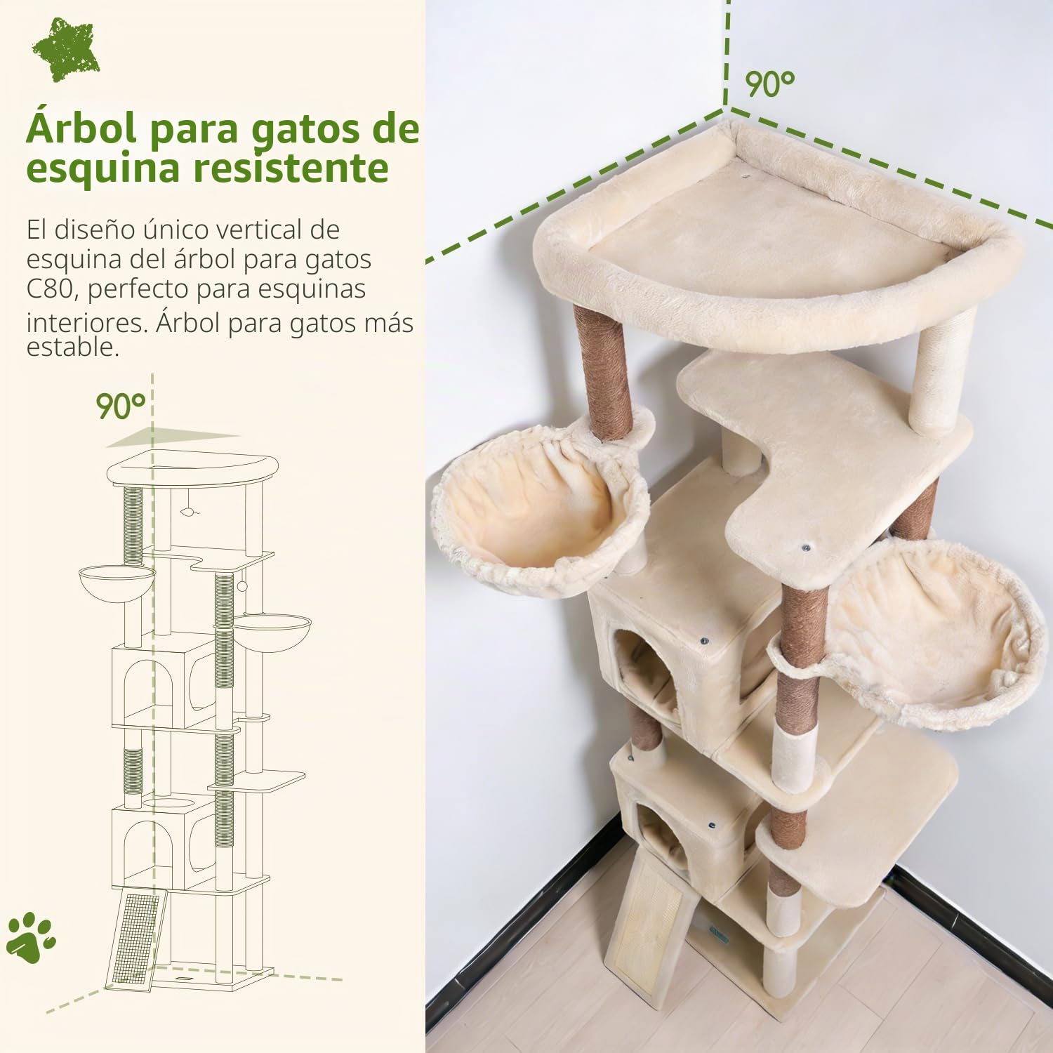 Globlazer Beige Arbol Gatos XXL 204 cm con 2 Grandes Nidos 45 * 30 * 30cm, Inmenso Plataformas Acolchada, Tabla Sisal, 2 Cesta, Estable Esquinero Rascador para Gatos Descansar Rascarse (C80, Beige)