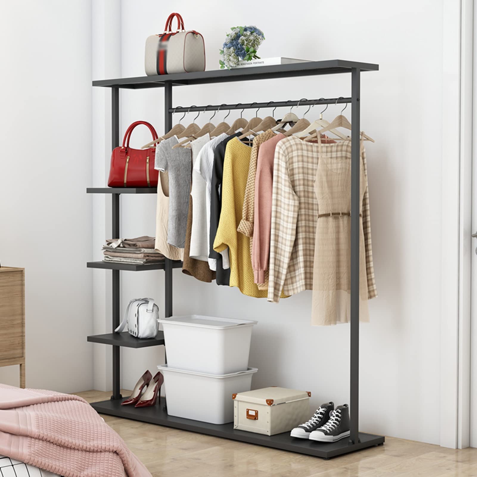 Kleiderständer Modernes schwarzes Schmiedeeisen, bodenstehender Kleiderständer mit 4-stöckigem Ablagefach und Kleiderstange, einfacher Kleiderschrank für Schlafzimmer, 3 Größen (Size : 150x40x155CM)
