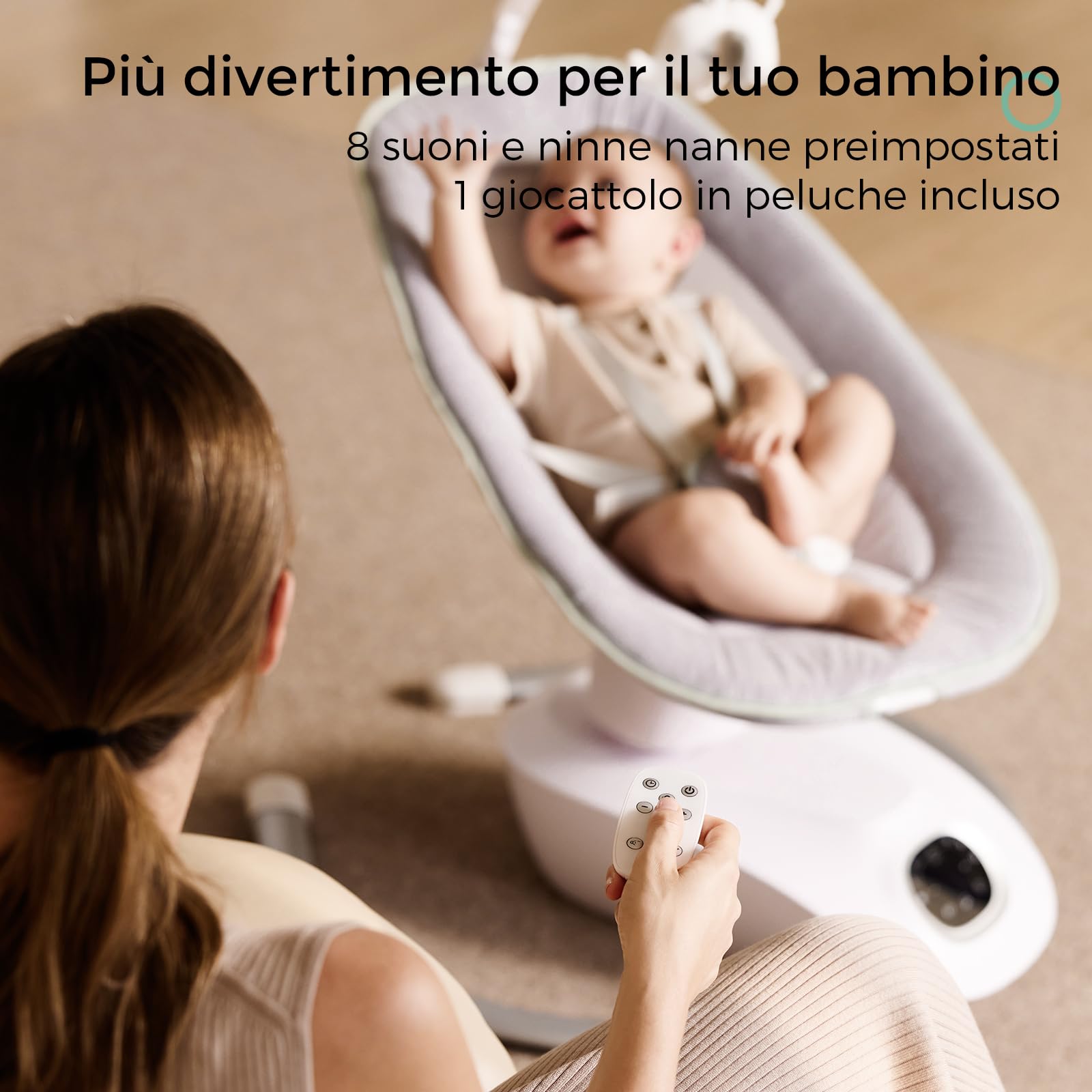 Momcozy CocoSway - Dondolo elettrico 3D-Motion per neonati e bambini, 6 modalità, 4 velocità, sedile girevole 180°, telecomando, lettini e altalene, 5 imbracature, 8 ninne, grigio