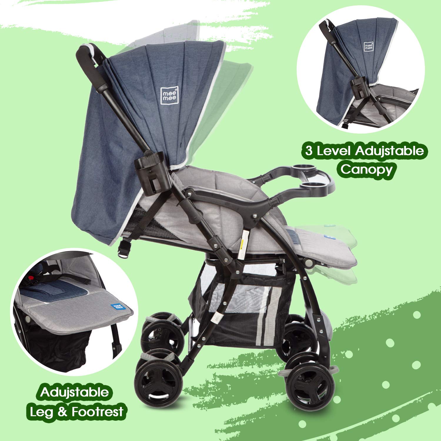 Mee Mee Baby Stroller & Pram for Babies of 0-3 Years | 5 Point Safety Harness Belt, 3 Recline Position, Foldable, Adjustable Canopy, Leg & Footrest with Large Basket | Easy to Carry (Blue) 1