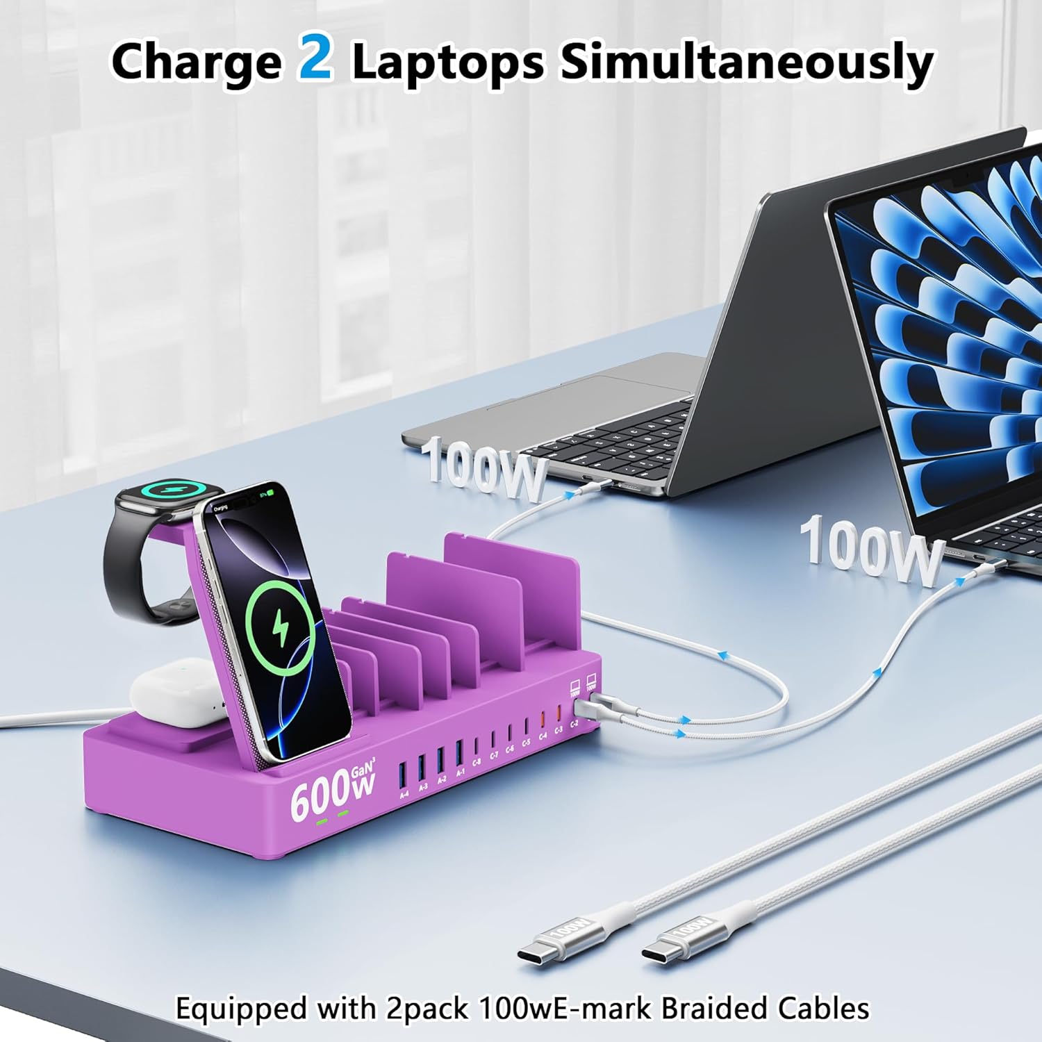600w Charging Station for Multiple Devices, 15 in 1 Wireless Charger with 2pack 100w USB C Charger Cable, Dual 100w USB C Tablet Charging Station for MacBook,iPhone,iPad,Tablet(Purple)
