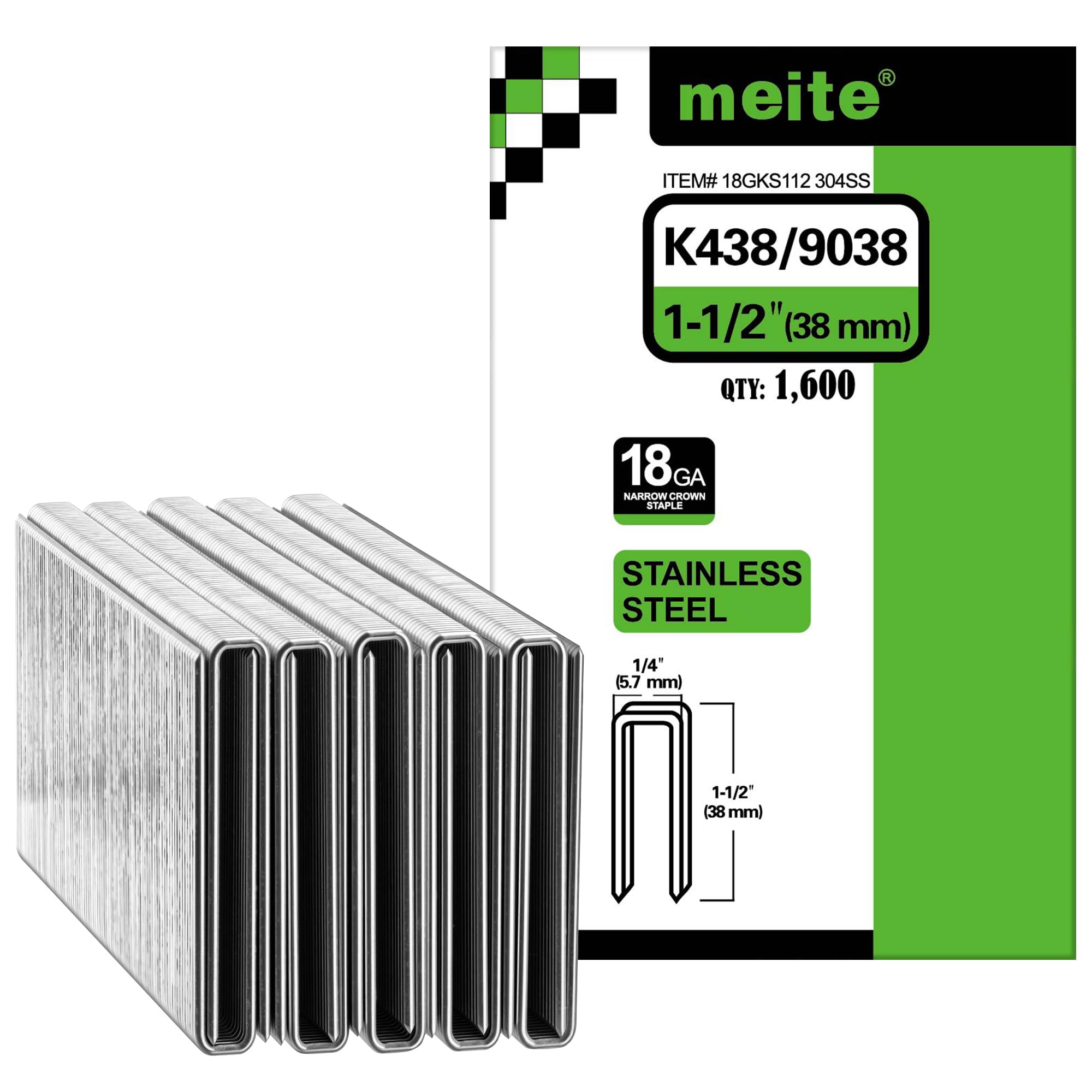 meite Graffette a corona stretta calibro 18, 1/4", lunghezza 3,8 cm, in acciaio inox 304, per lavori pesanti e tappezzeria (1.600 pezzi)