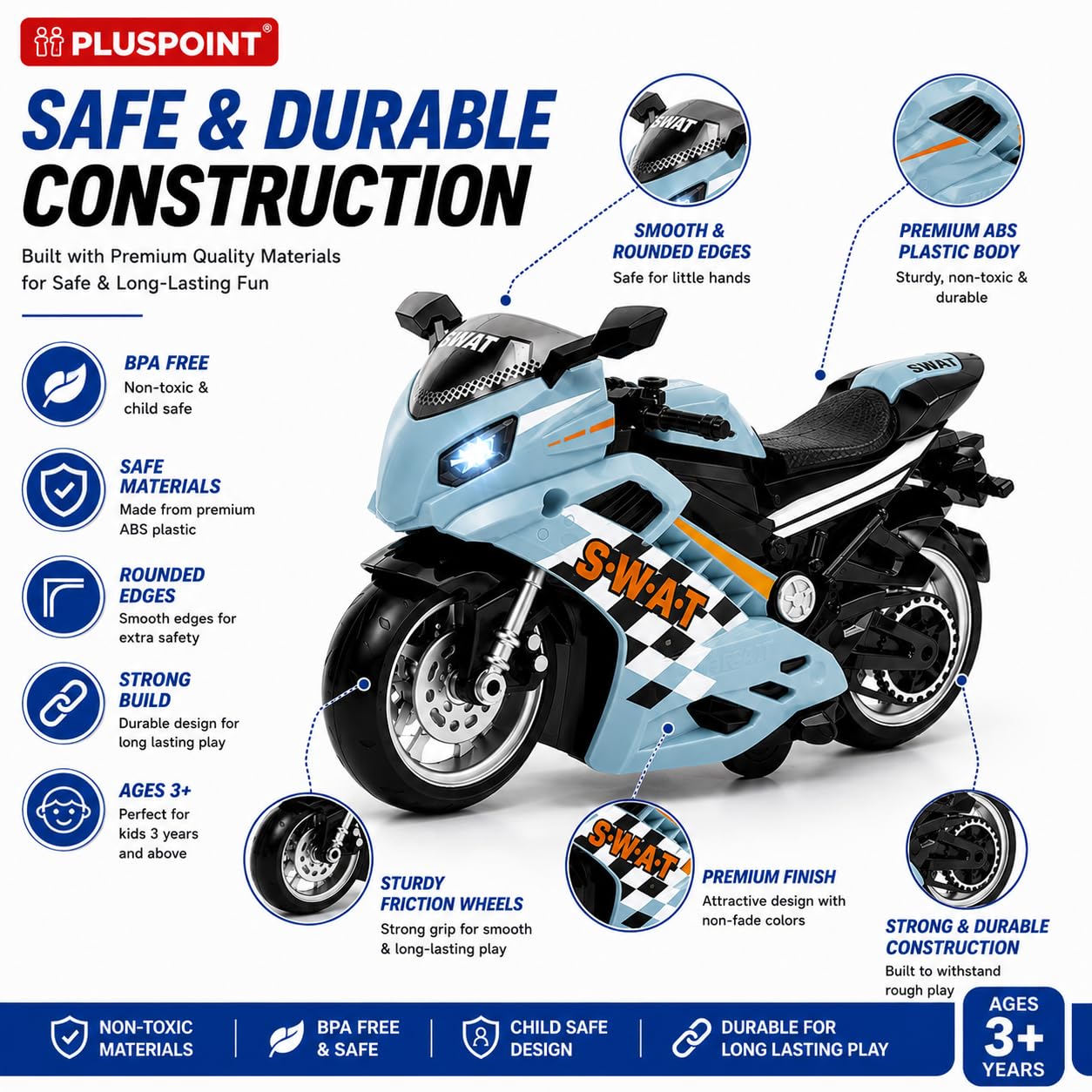 PLUSPOINT Police SWAT Rescue Motorcycle Toy | Friction Powered SWAT Bike with Lights, Music & Push and Go Action | Emergency Police Vehicle Toy for Kids Boys & Girls Age 3+ 4