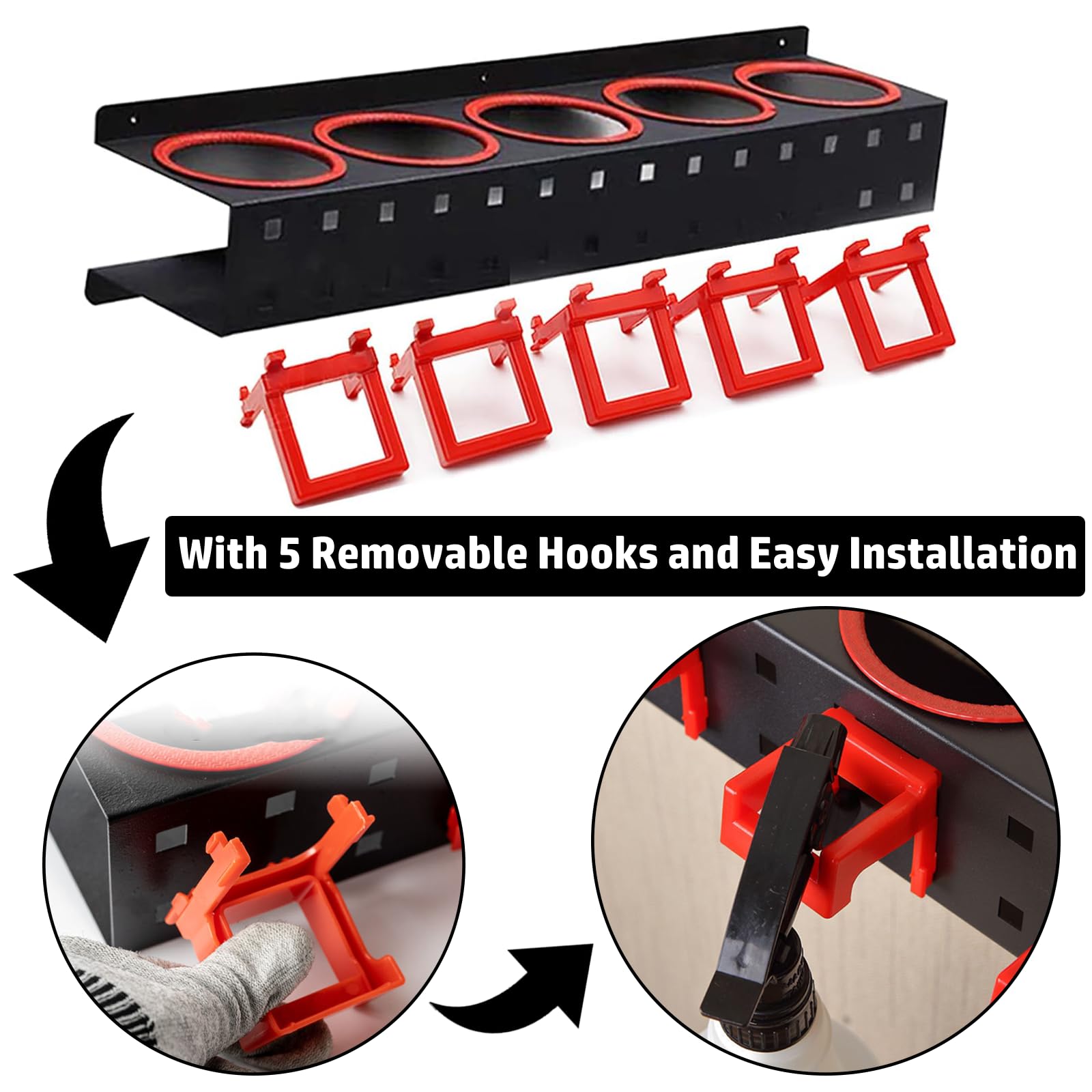 Support mural pour bouteilles pulvérisateurs - Organiseur de garage - Barre de suspension - Accessoires de salon de beauté de voiture - Porte-outils de nettoyage et de détail avec 5 crochets