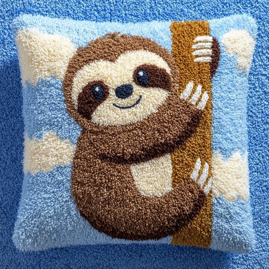 WallustrioaW Latch Hook Kit for Beginners,Cute Sloth,Cushion Cover Making Kit,Embroidery Pillowcase Latch Craft for Adults,17x17in