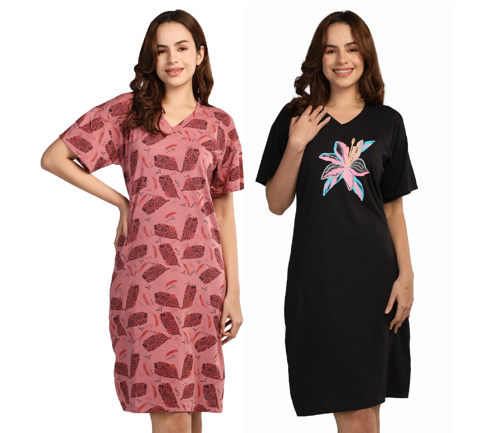 Combo Cotton Down Sholder Round Neck Printed Knee Length Nighty for Women(Pack of 2)-image-46