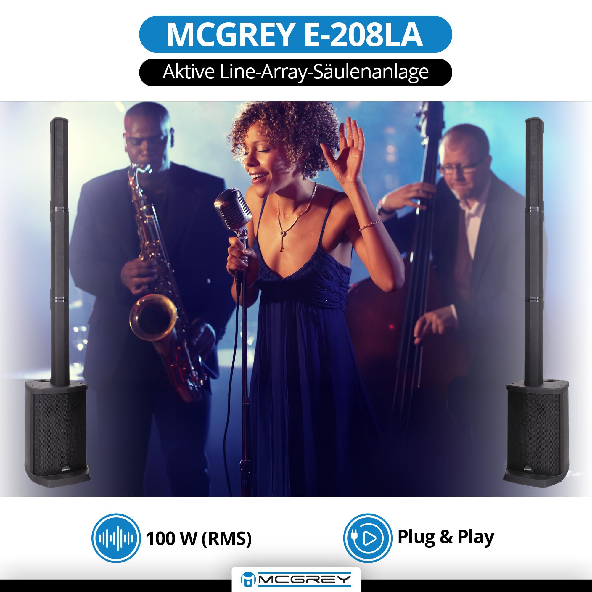 McGrey E-208LA Aktiv Line Array Säulenanlage - Schlanke Linienstrahler - PA Anlage - 100 Watt - 8" Subwoofer - 4X 2,5" Breitbandlautsprecher - USB/SD/Bluetooth Media-Player - Schwarz