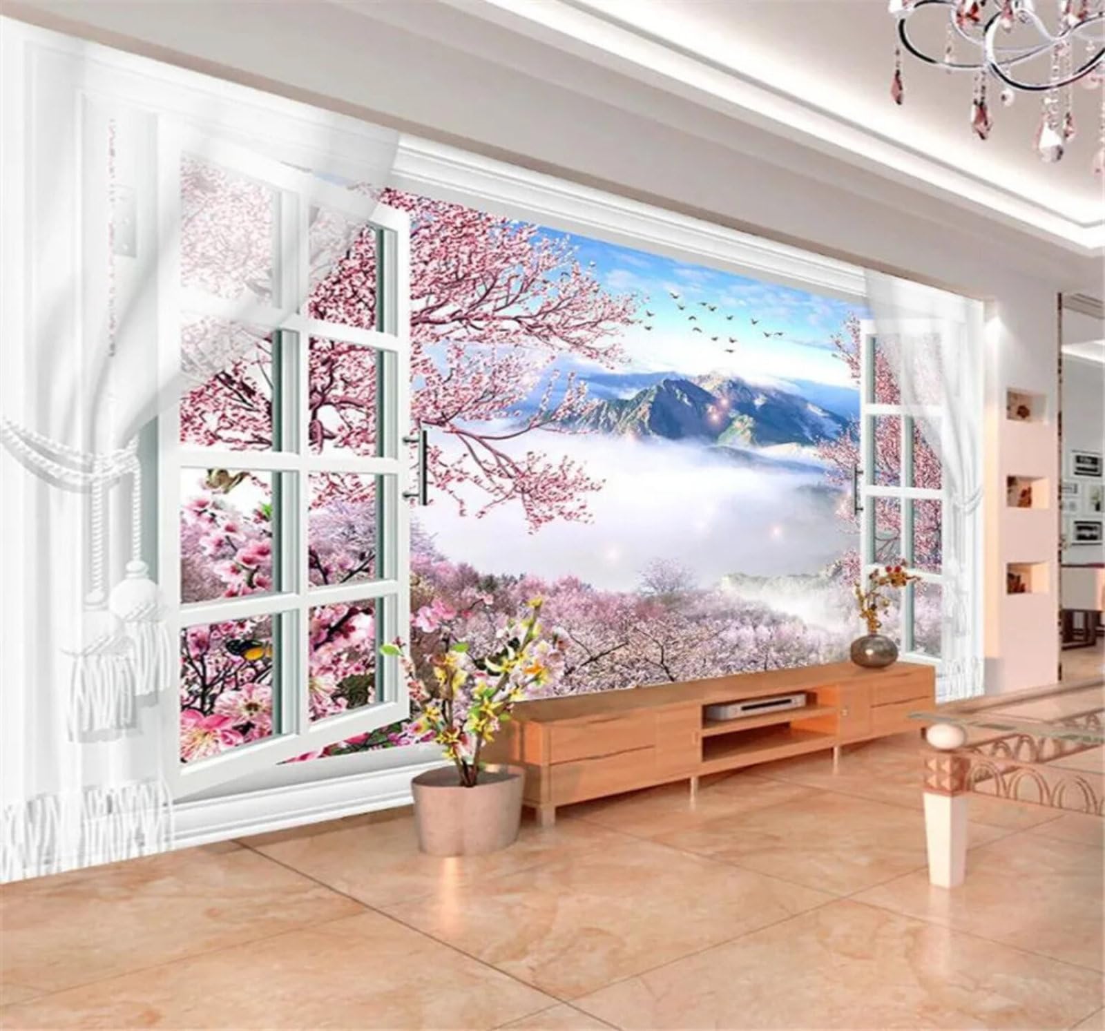 Tzxztt 250Cm×170Cm(B×H) Three Dimensional Aesthetic Window Peach Blossoms Mountain Peaks Fairyland Modern 3D Wallpaper Premium Textured Silk Neutral Tones Material Ideal For Living Room Bedroom-250Cm×170Cm