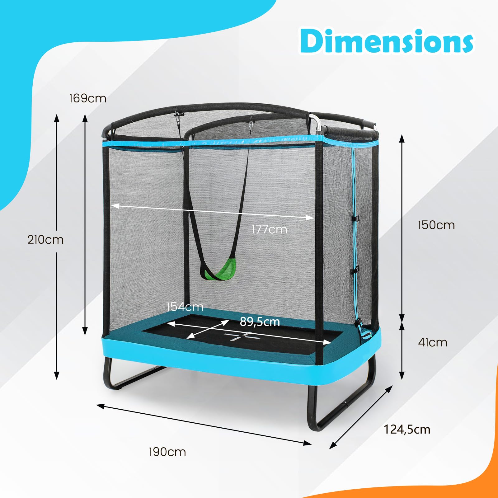 KOMFOTTEU Trampolino Elastico per bambini con Altalena, Rete di Sicurezza, Trampolino Rettangolare Portato 100 kg, Tappeto da Salto all'Aperto, Tappetino per Saltare, 190x122x210 cm