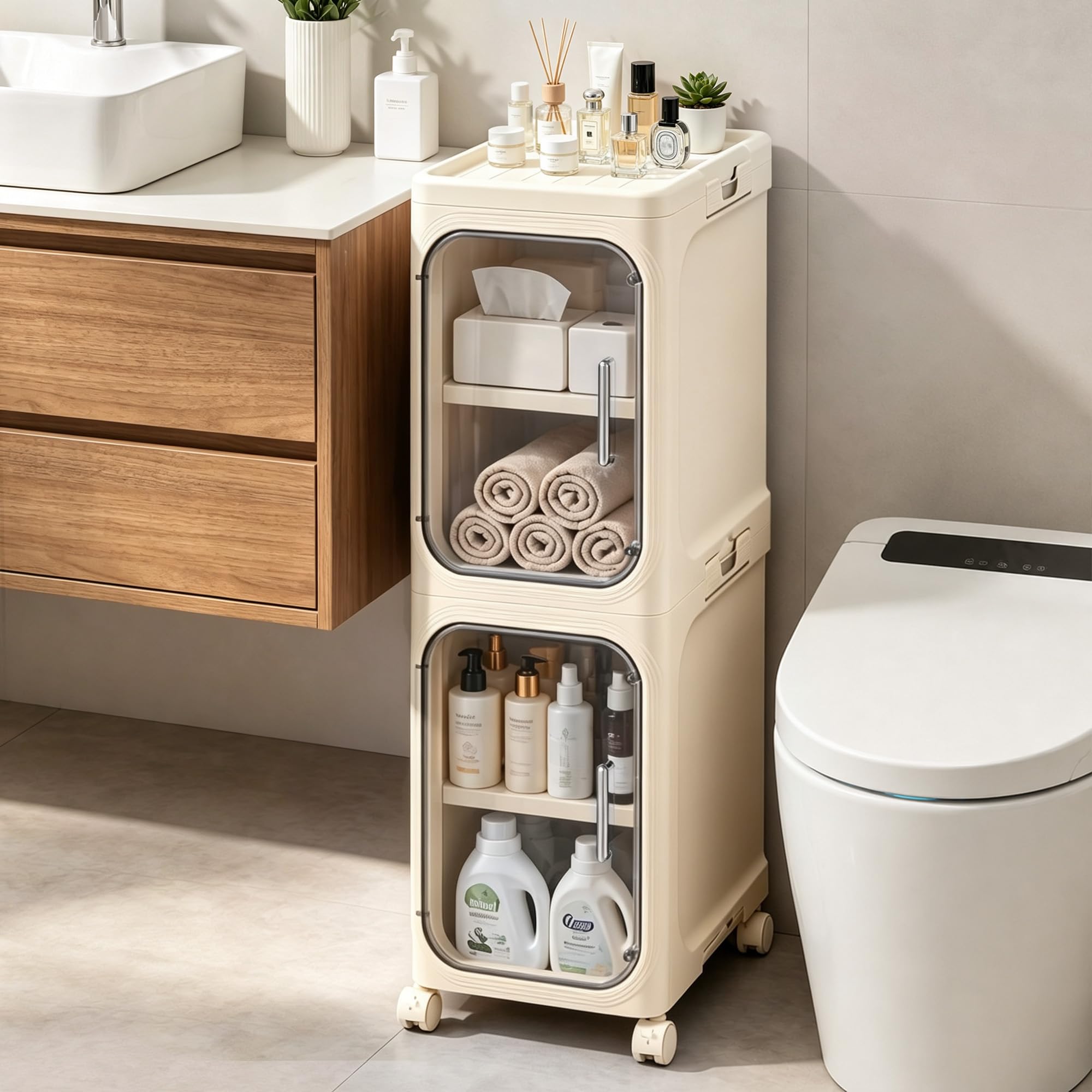 Photo 1 of Lifelongpal 2-Tier Slim Narrow Bathroom Storage Cabinet, Cream White